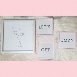 "Let's Get Cozy" Wooden Sign Set & Black/White Framed Kissing Art Bundle